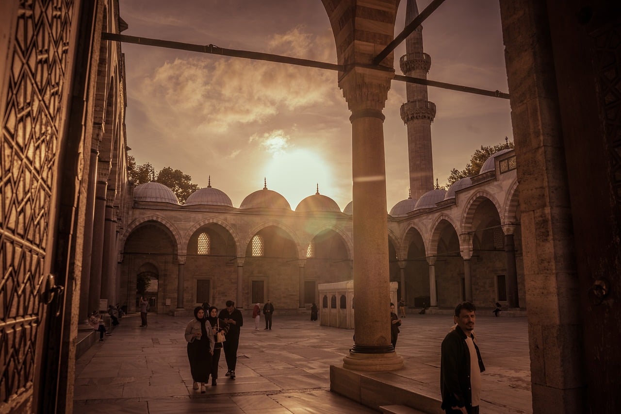 Home istanbul, turkey, mosque courtyard, islamic architecture, ottoman architecture, suleymaniye mosque, sunset, courtyard, arches, people, travel, culture, nature, religion, heritage, historical building, tourism